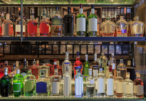 Spirits bottles on back bar