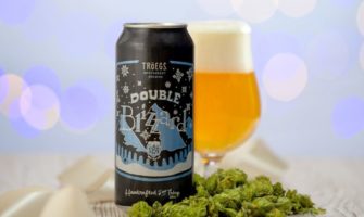 A can and glass of Tröegs Double Blizzard IPA beer