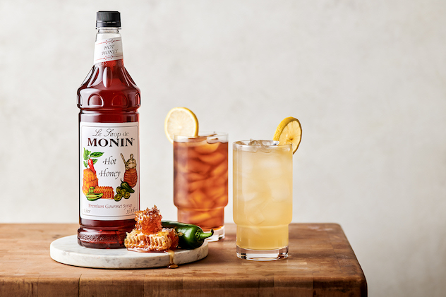 Monin Hot Honey syrup and two beverages