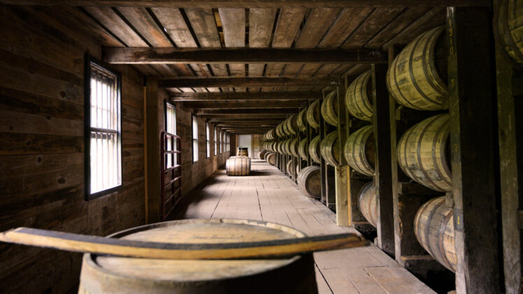 spirits barrels in a warehouse