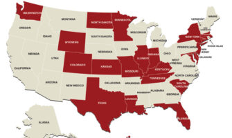 A map of the states that have members of the Wine and Spirits Guild of America