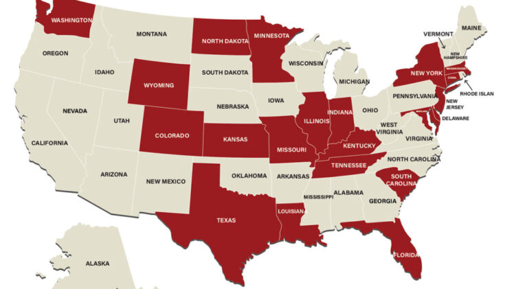 A map of the states that have members of the Wine and Spirits Guild of America