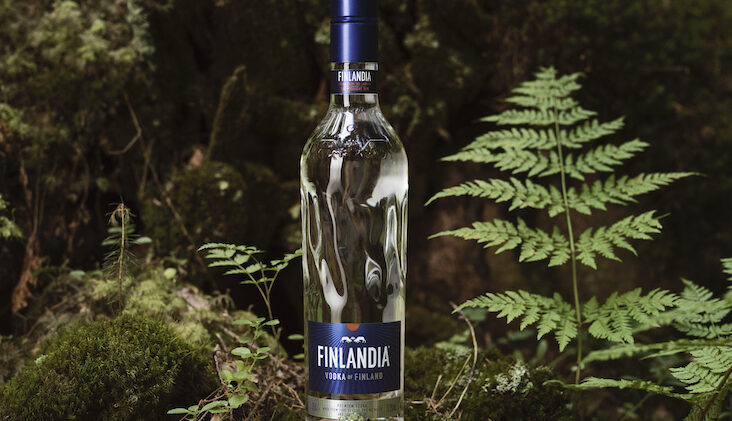 Finlandia Vodka bottle set against greenery