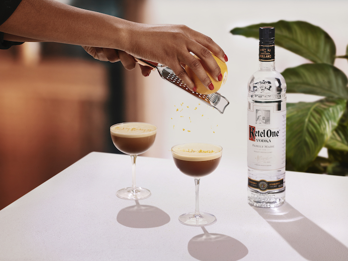 two Espresso Martinis and a bottle of Ketel One vodka