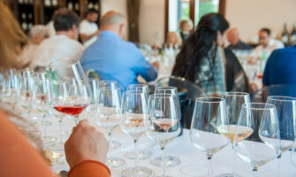 Hand of a taster holding a glass of wine during a degustation event